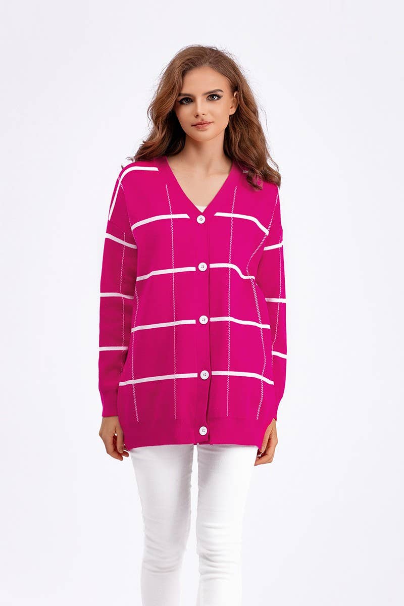 CWOCAL00671_STRIPED PLAID LOOSE KNIT CARDIGAN SWEATER