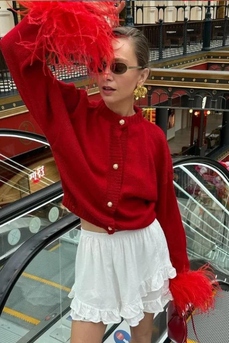 CWOCAL2196_FUR CUFFS CARDIGAN KNITTED SWEATER COAT