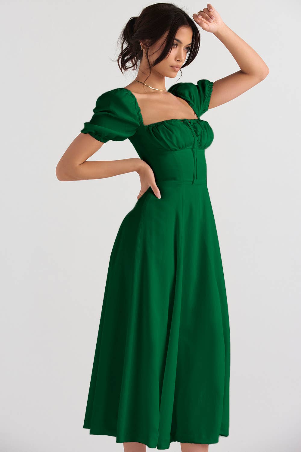Sexy square neck A-line puff sleeve slit dress