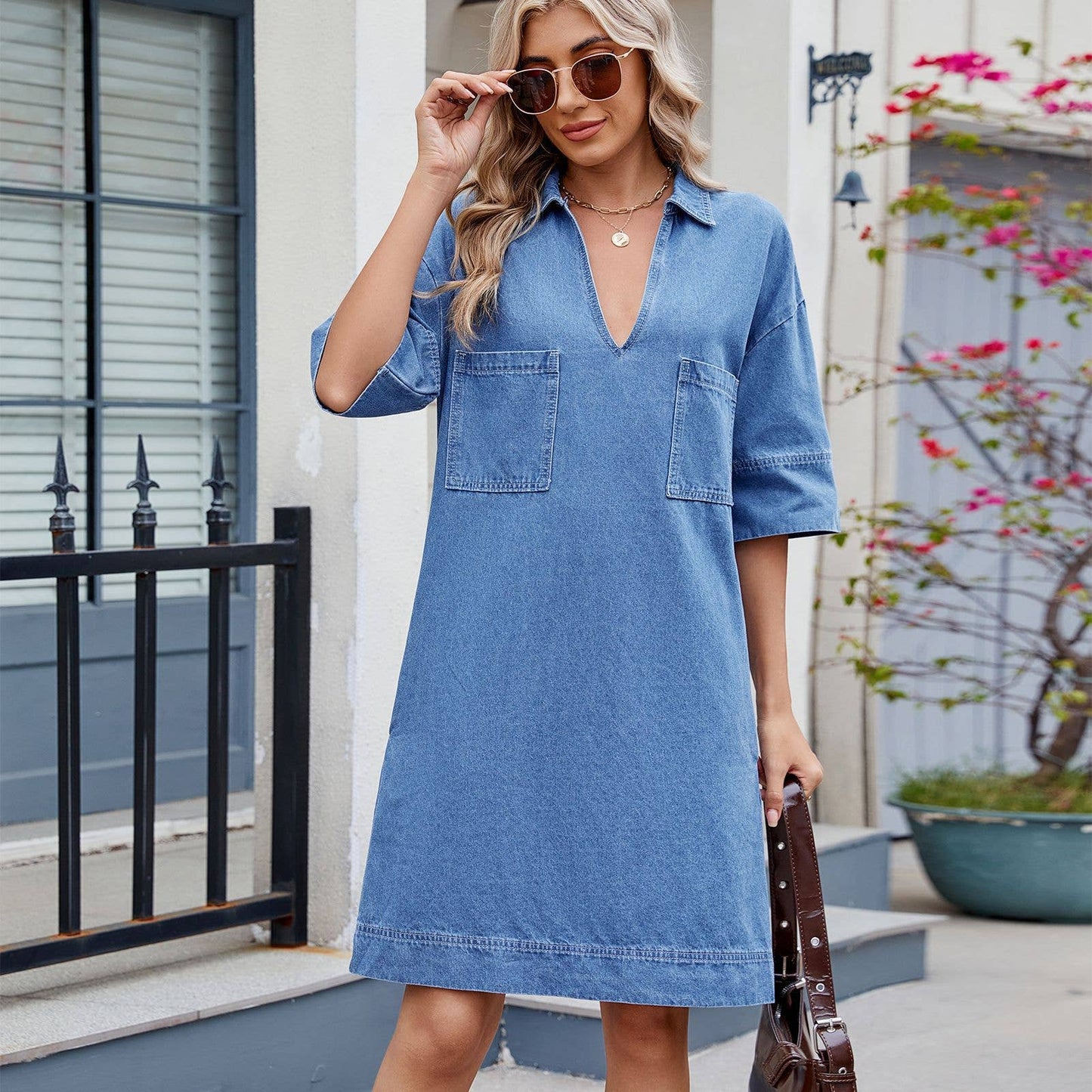 V-neck lapel loose solid color denim dress