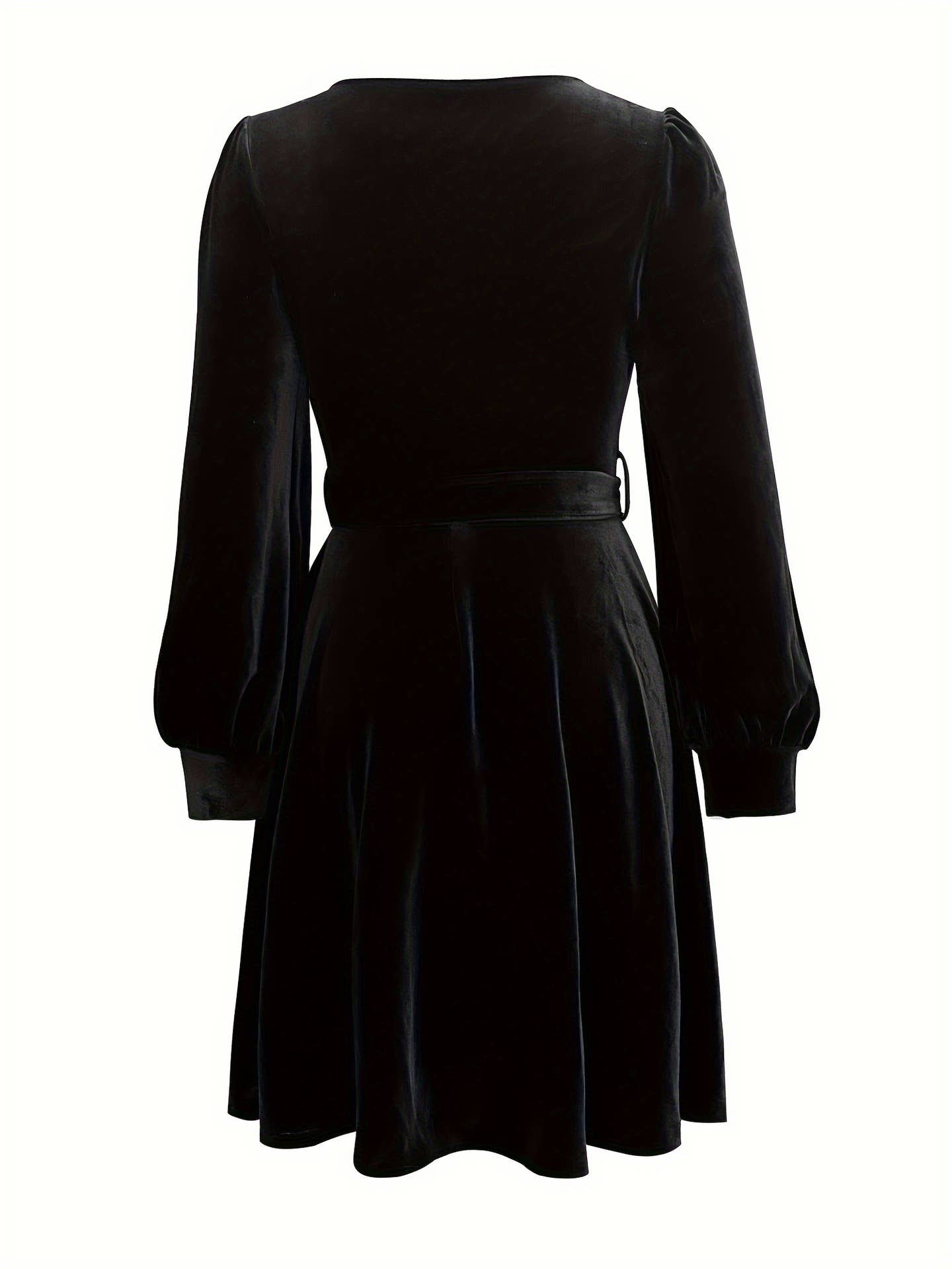 VELVET SQUARE COLLAR WAIST LONG SLEEVE DRESS