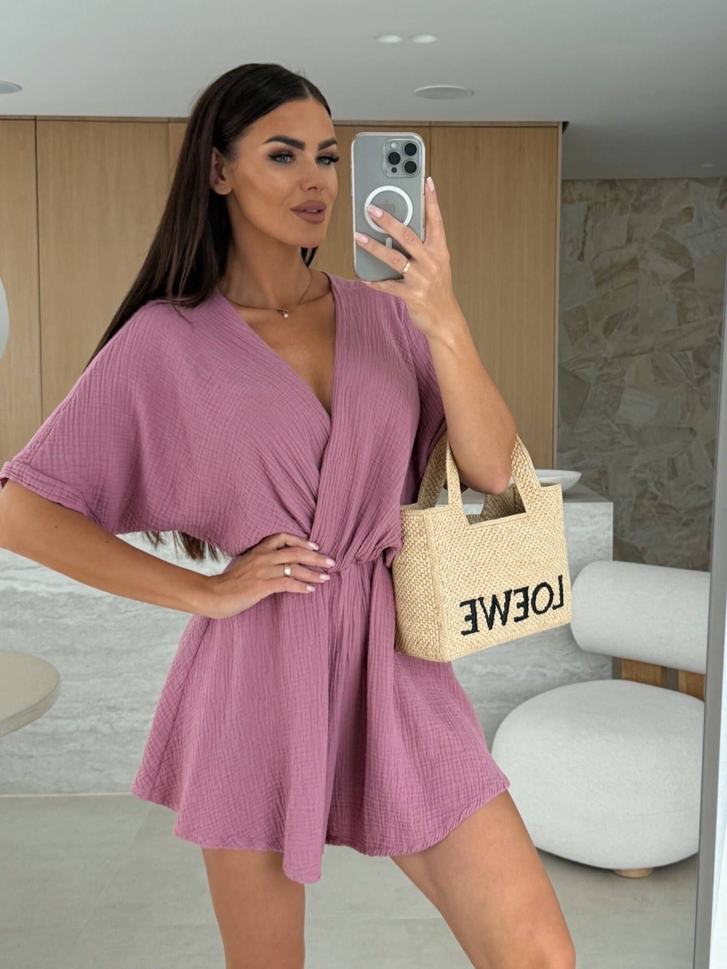 V-neck fashion cinche-waist solid color jumpsuit