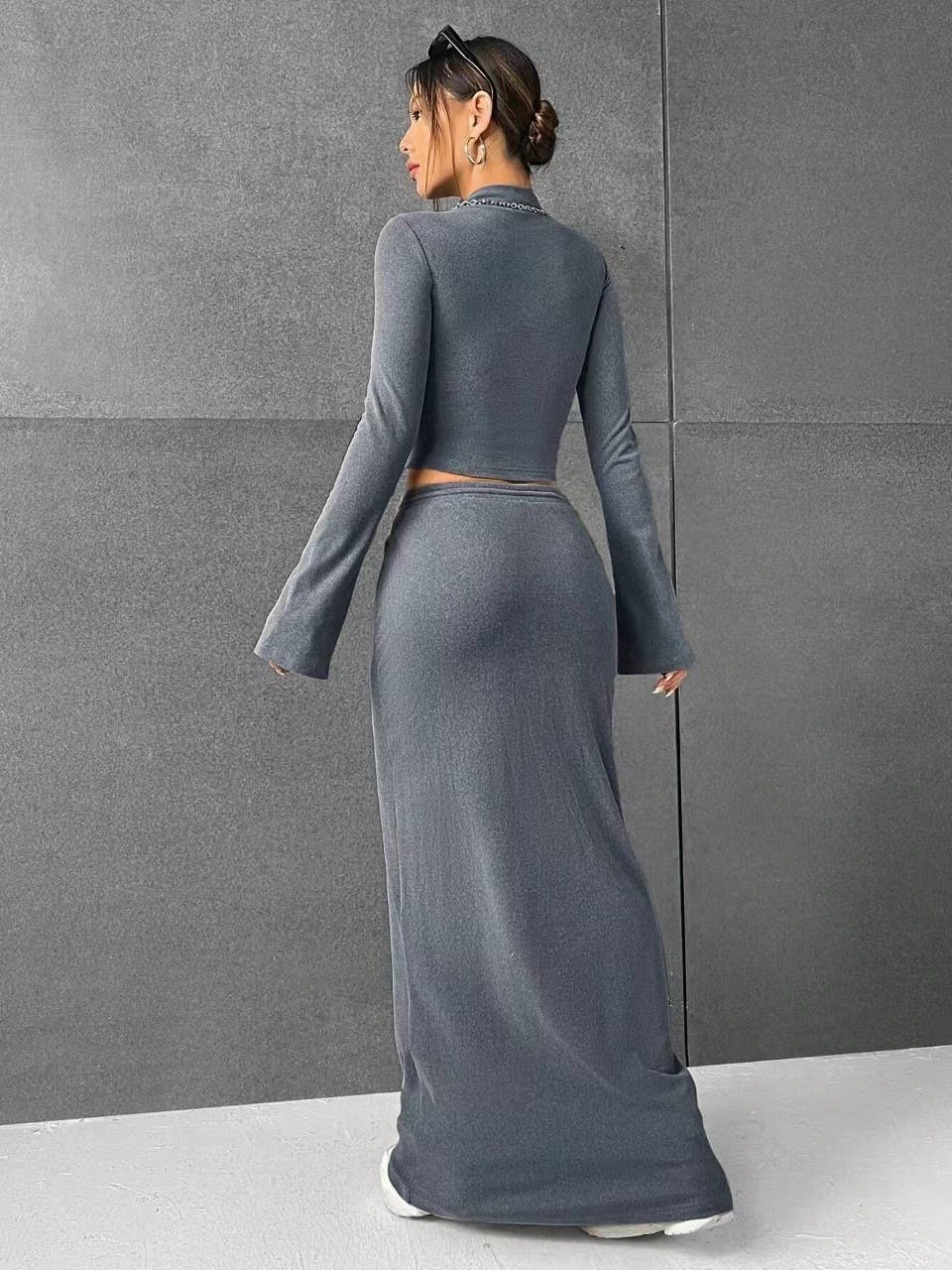 SOLID COLOR LONG SLEEVE TOP LONG SKIRT SET