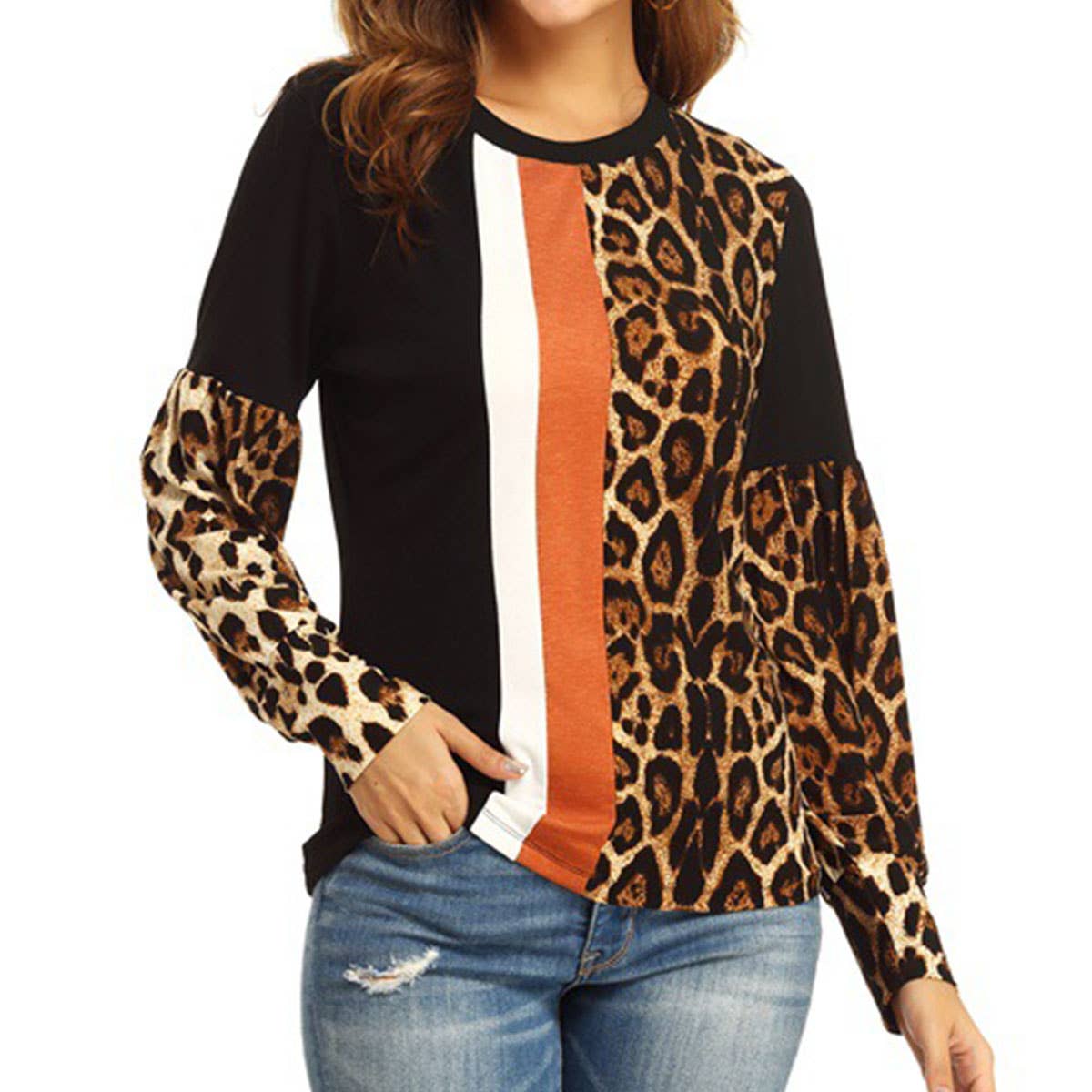 LEOPARD PRINT COLOR PATCHWORK ROUND NECK TOP
