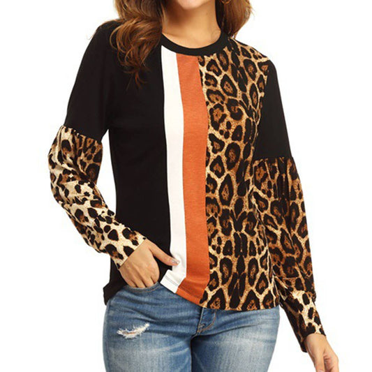 LEOPARD PRINT COLOR PATCHWORK ROUND NECK TOP