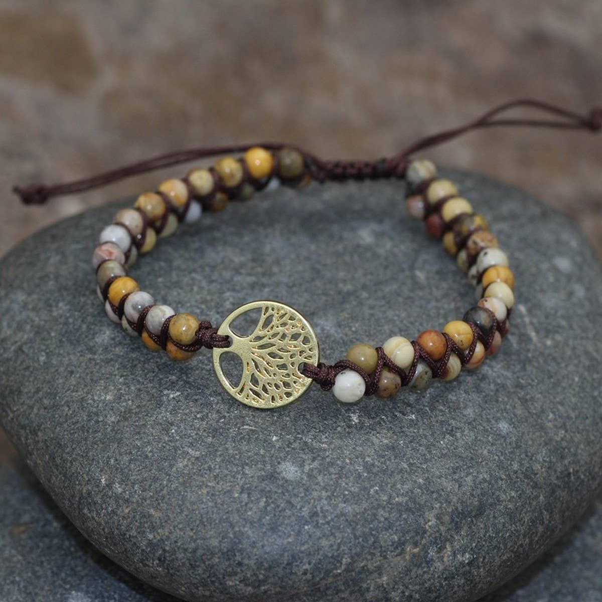 TREE SHAPED PENDANT NATURAL STONE WOVEN BRACELET
