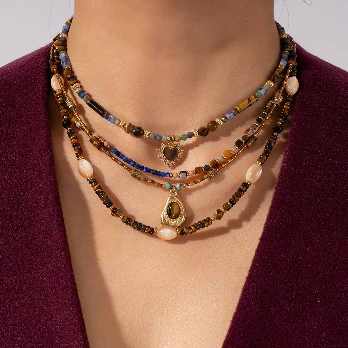 Tiger Eye Heart Pendant Beaded Necklace