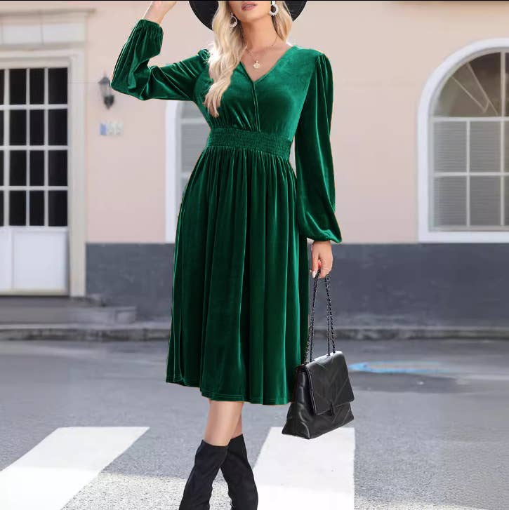 SOLID COLOR V-NECK PLEATED HIGH-WAISTED DRESS