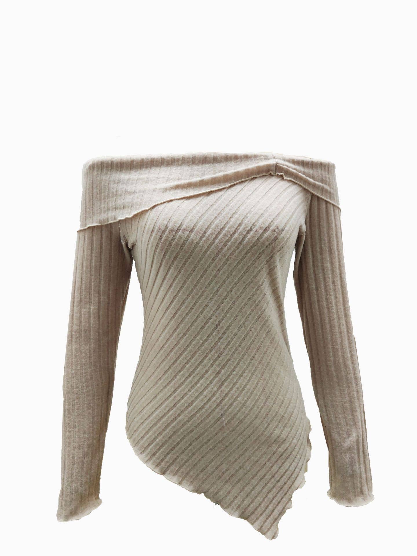 Solid-color one-shoulder long-sleeved T-shirt