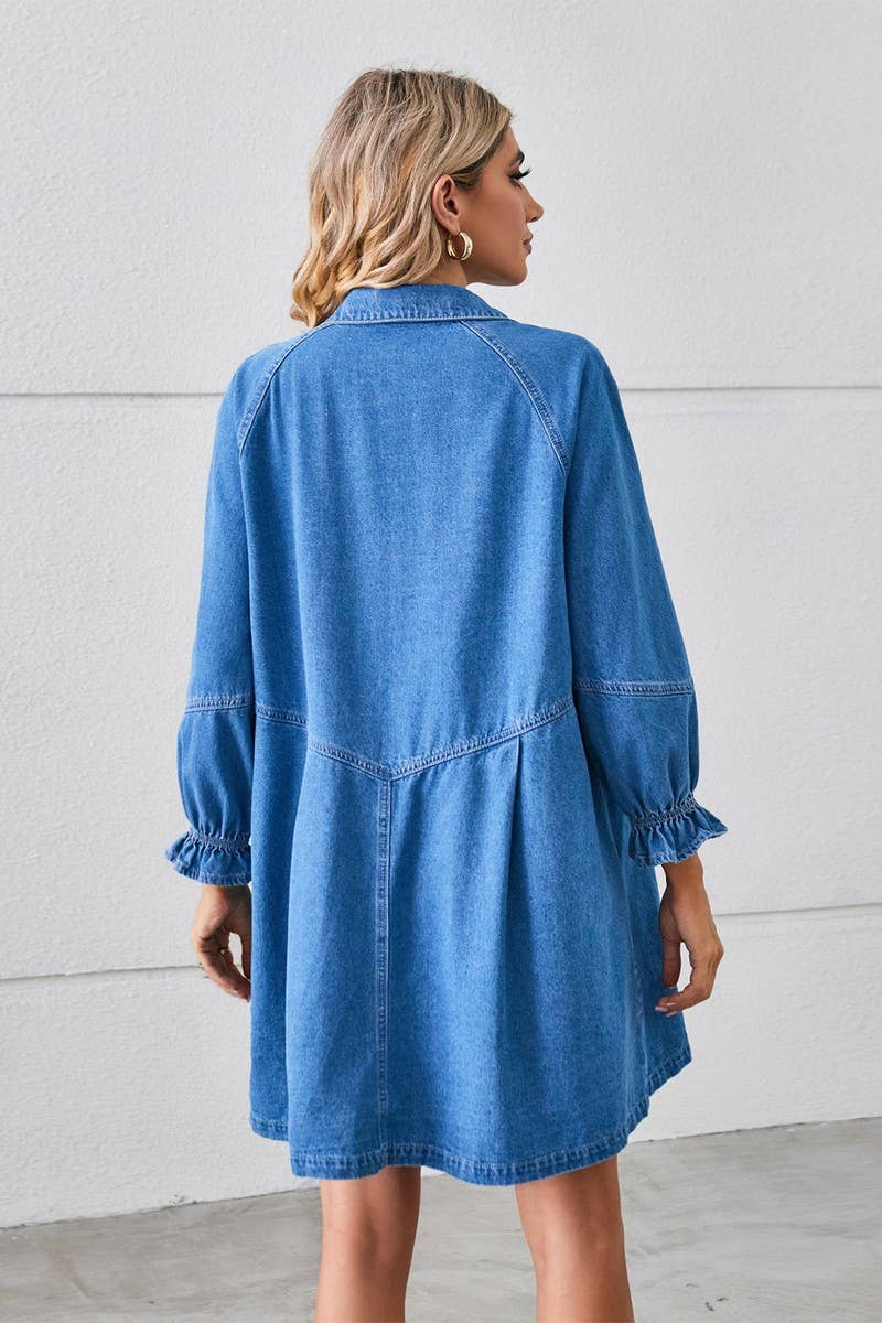 CWDSD10891_WASHED LONG-SLEEVED PANELED DENIM DRESS