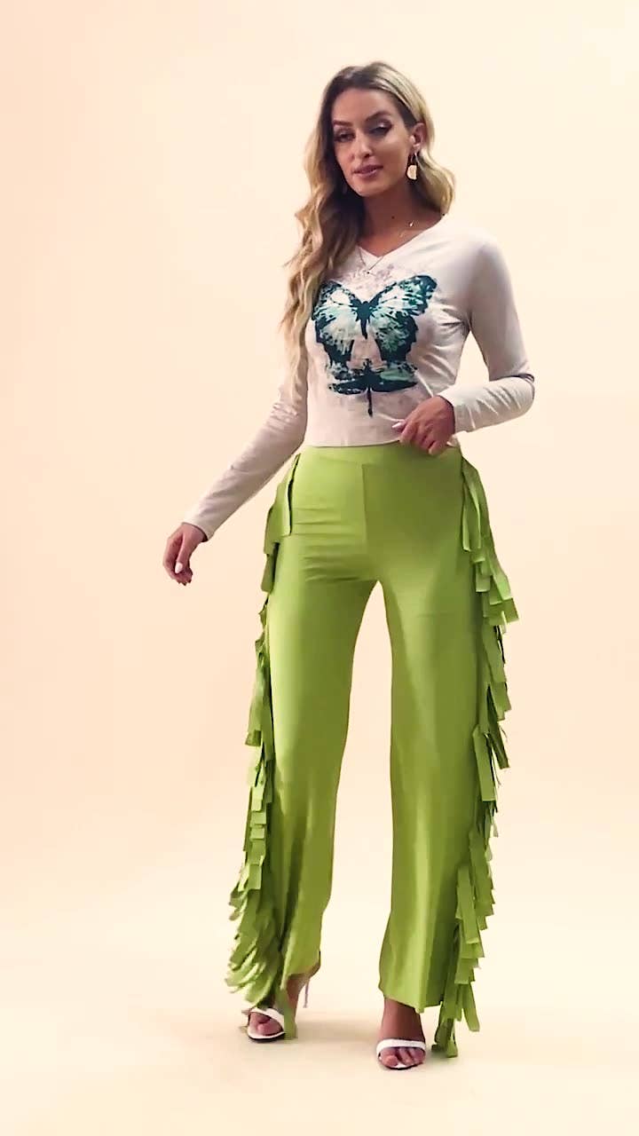 Tassel high-waisted solid color wide leg pants
