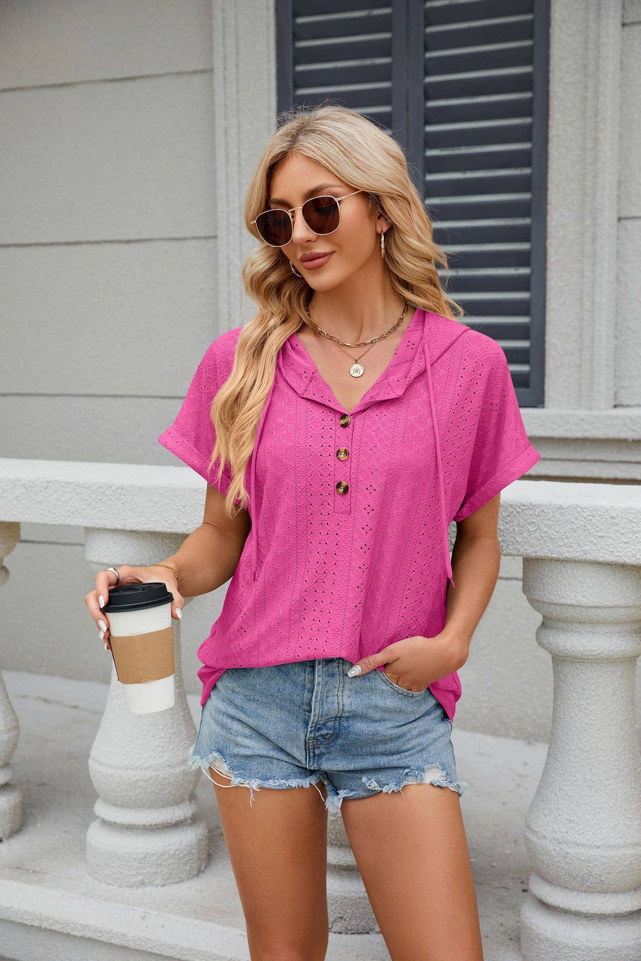 Solid color half-breasted hooded loose T-shirt