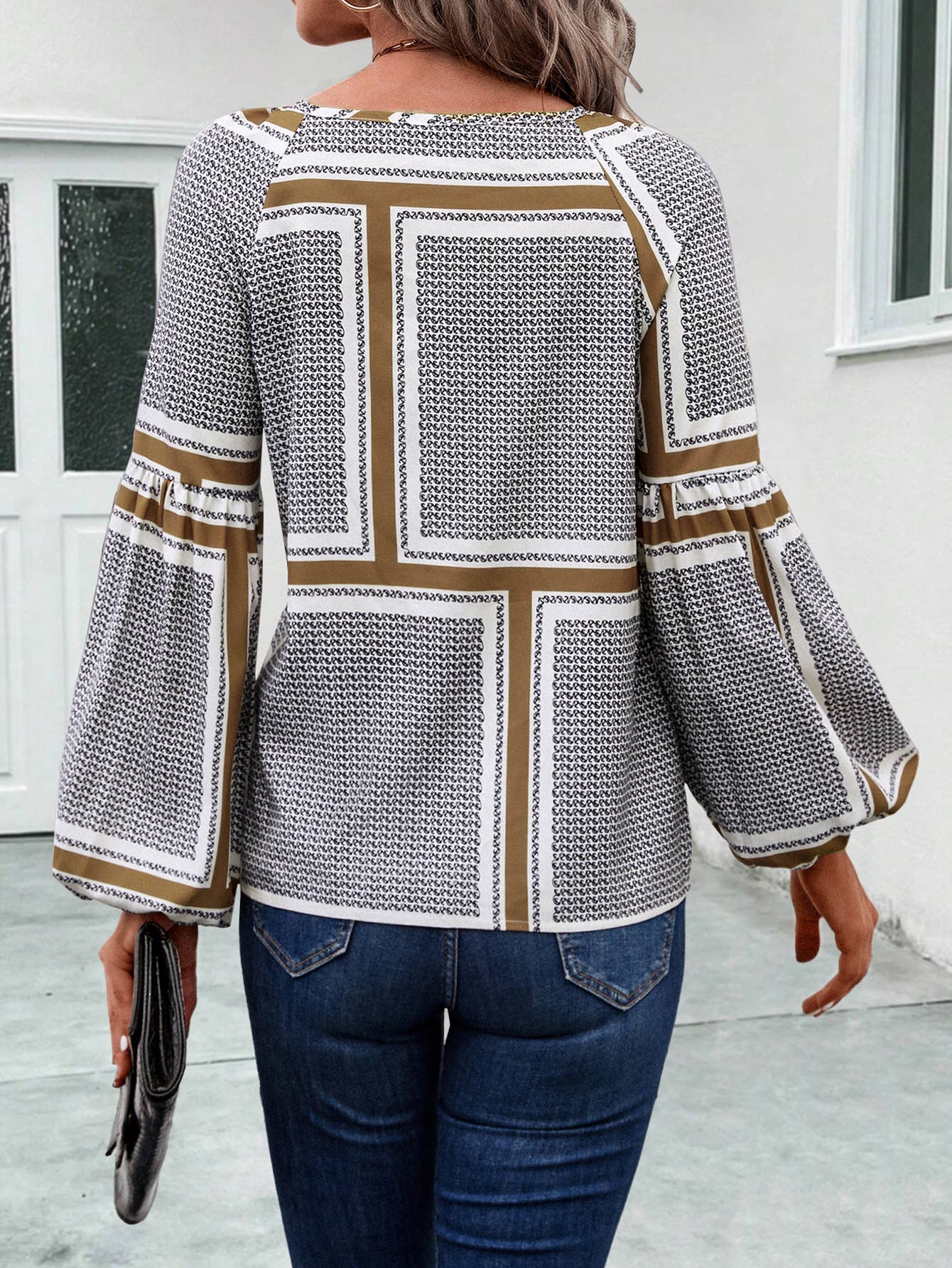 Fashionable lantern sleeve printed loose shirt