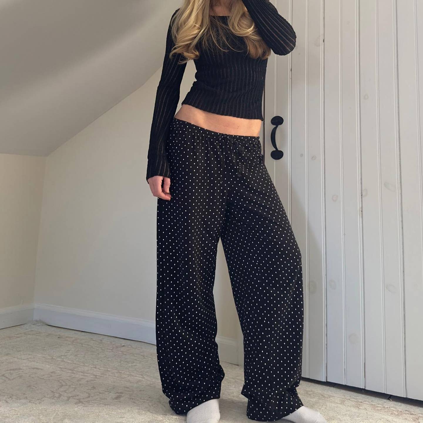 Loose waist polka dot prints wide-leg pants