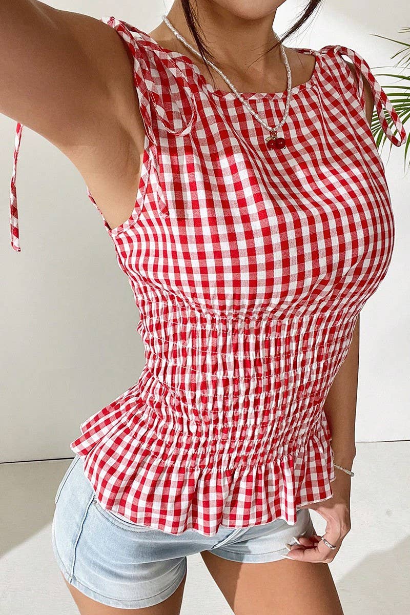 CWBLP2060_TEMPERAMENT PLAID SUSPENDER DRAWSTRING TOP