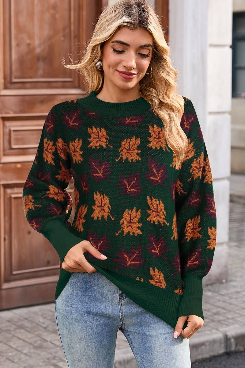 CWOSWL07299_CASUAL CREWNECK JACQUARD KNIT SWEATER WITH LEAF