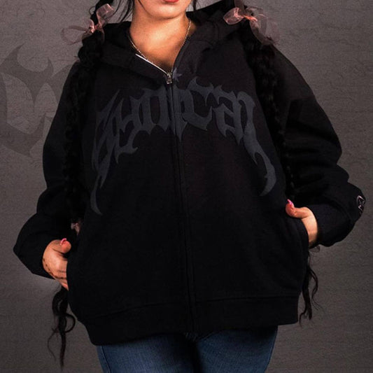 ZIPPER HOODIE WITH GOTHIC ALPHABET PRINT HOODIE