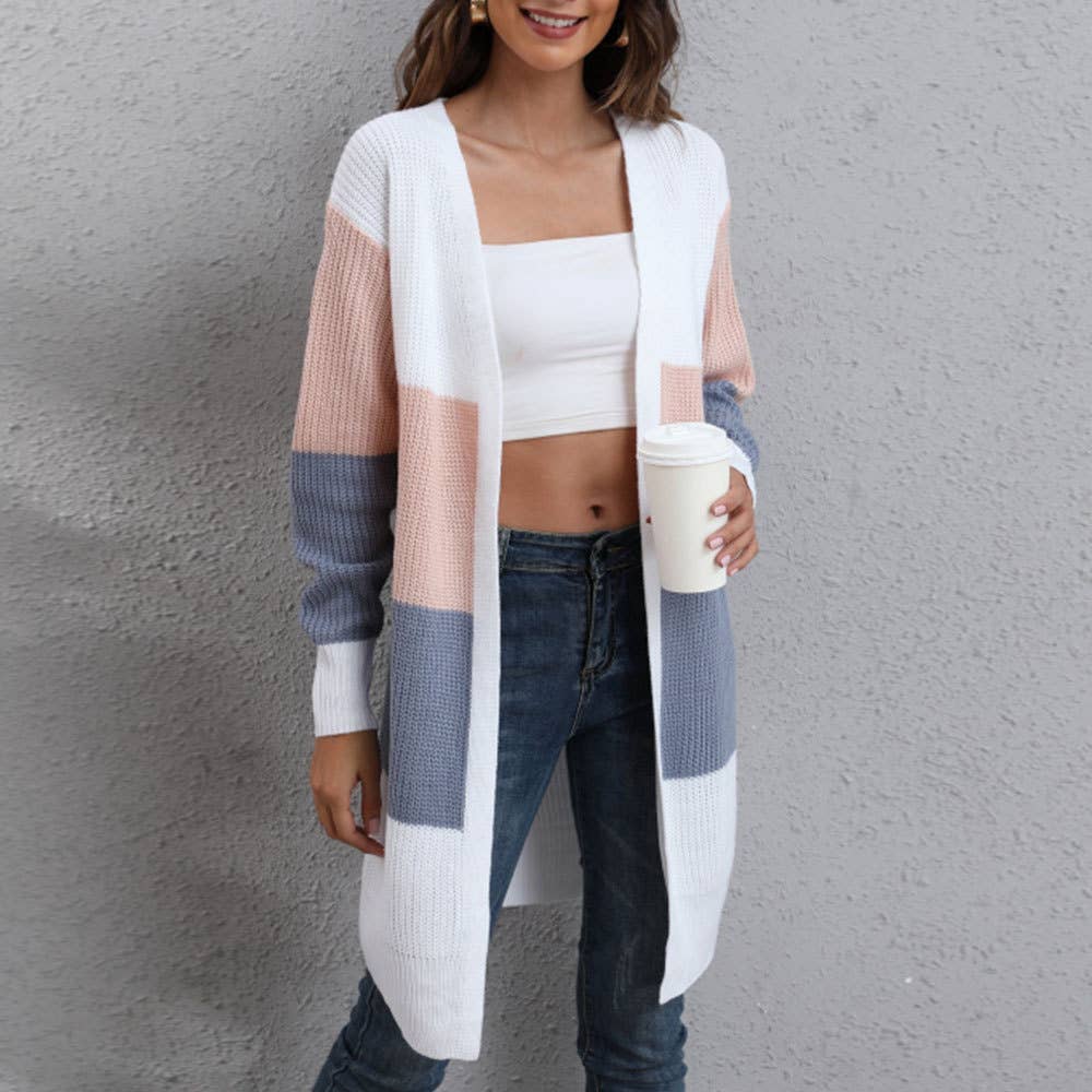 THREE-COLOR STRIPED PATCHWORK LOOSE KNIT COAT