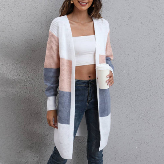 THREE-COLOR STRIPED PATCHWORK LOOSE KNIT COAT