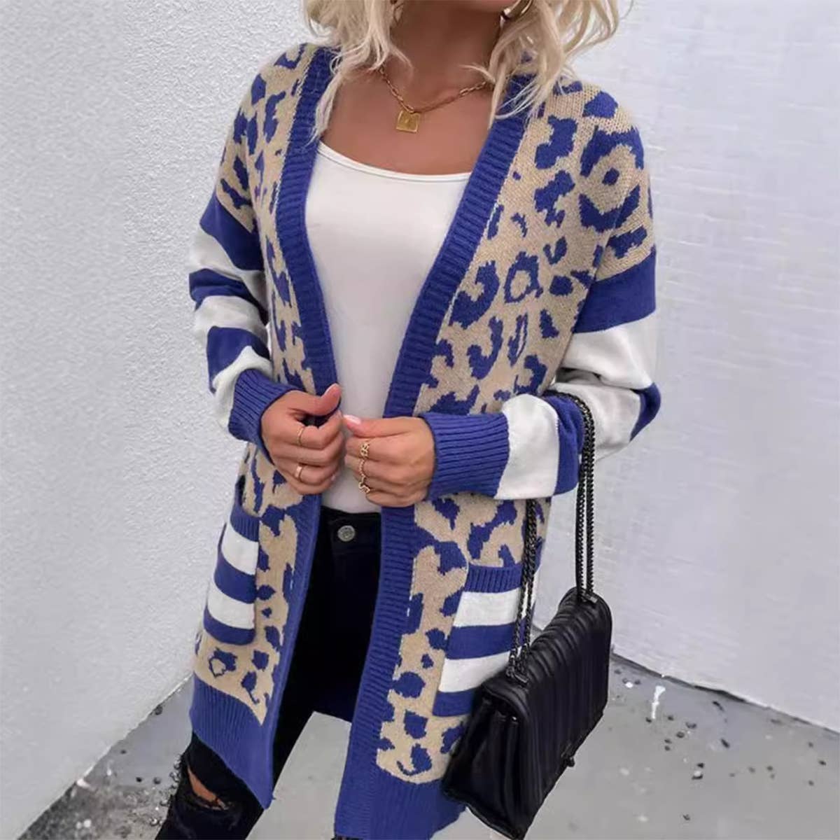 Women's mid-length leopard print cardigan coat
