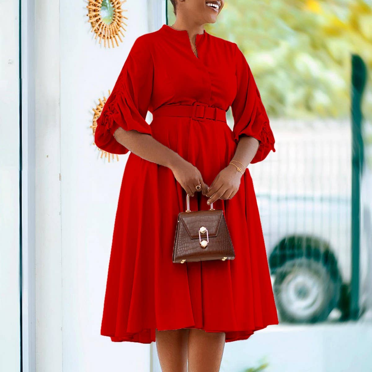 FASHIONABLE AND ELEGANT PLUS SIZE PLEATED DRESS_CWDSD6066