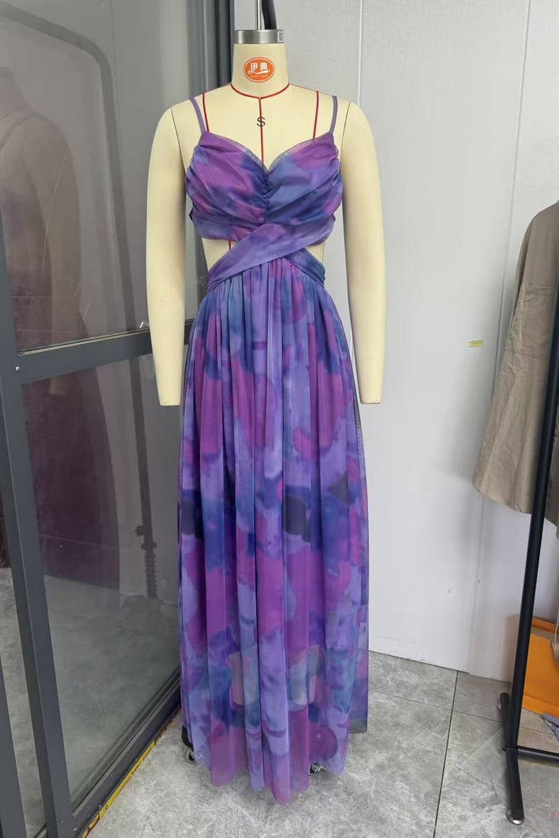 CWDMD01003_MESH PRINTED SUSPENDER CASUAL PARTY DRESS