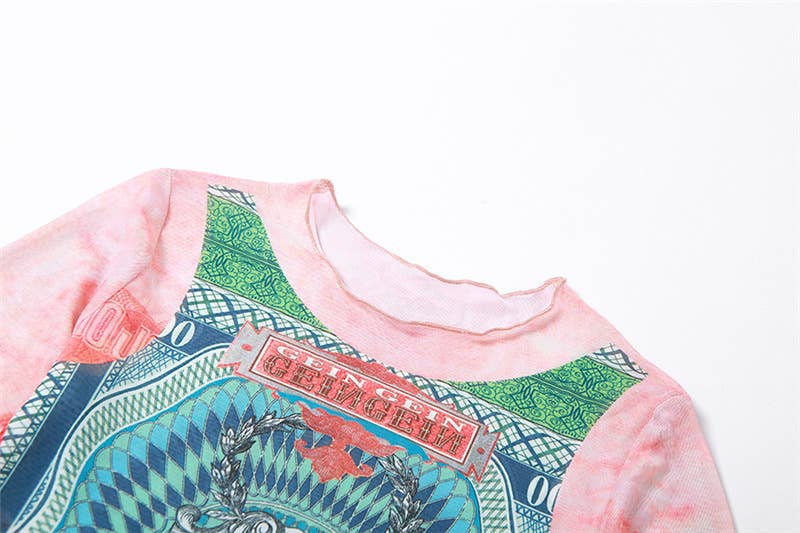 Fashion Print Colorblock Mesh Long Sleeve Top