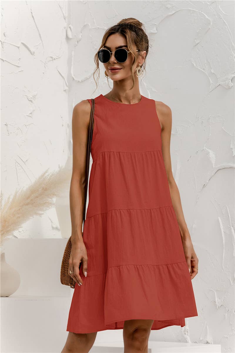 CWDTD0408_ROUND NECK SLEEVELESS PATCHWORK LOOSE SWING DRESS