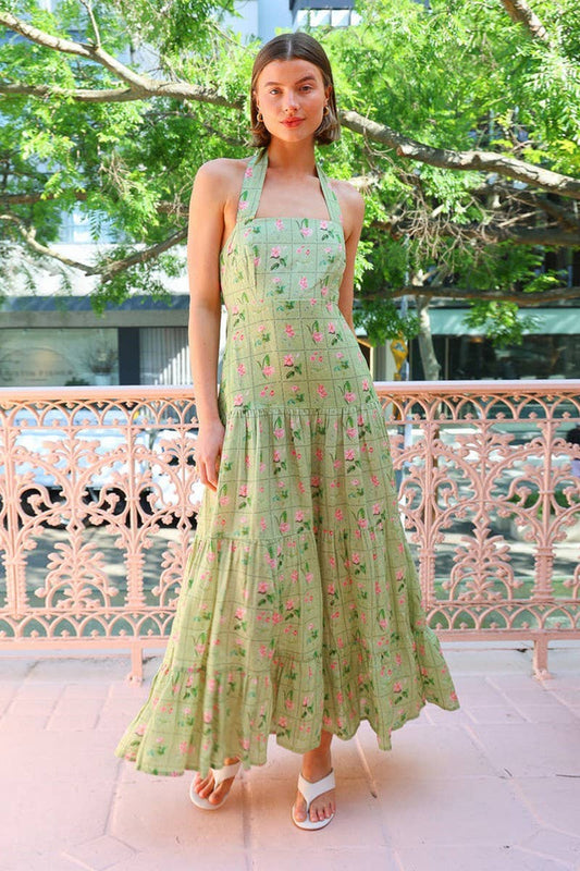 CWDHL0948_ELEGANT FLORAL HALTER BACKLESS A-LINE MAXI DRESS