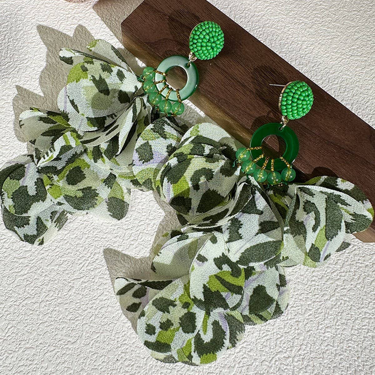 Fabric Flower Tassel Earrings with Leopard Print_CWMM6265