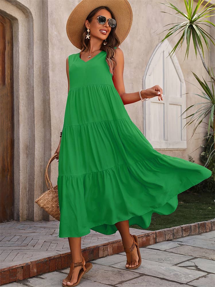 V-NECK TIERED PATCHWORK HEM LOOSE DRESS