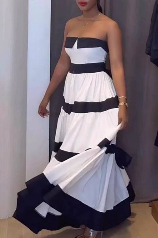 CWDTD0476_STRIPED COLORBLOCK BOW STRAPLESS DRESS