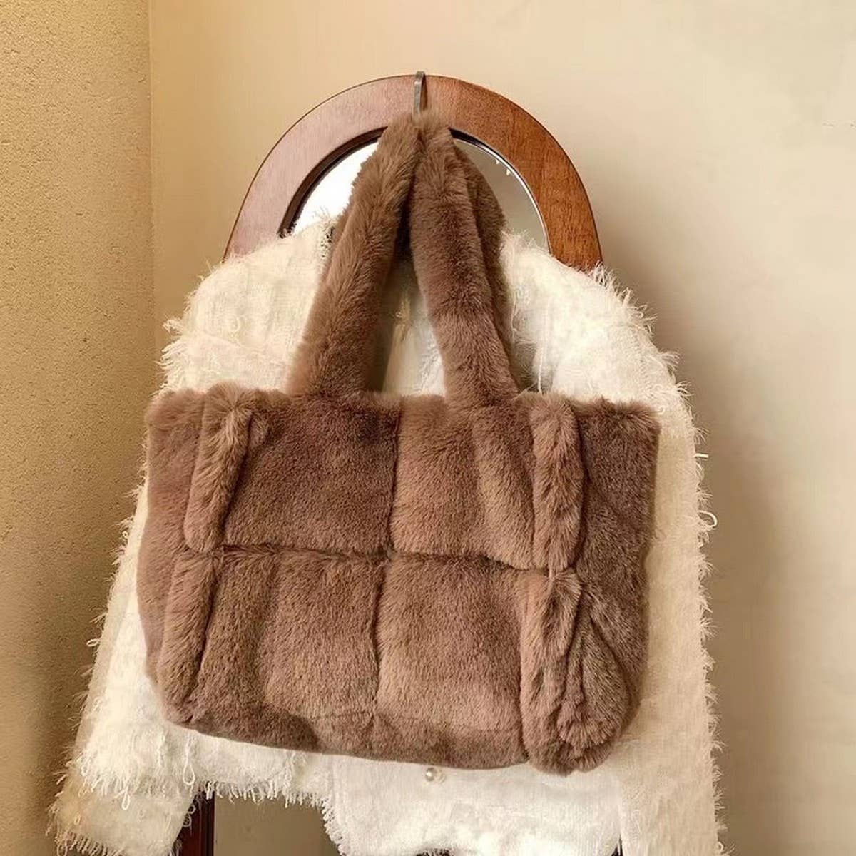 Faux Rabbit Fur Tote Bag Women Large Handbag_CUAB00603