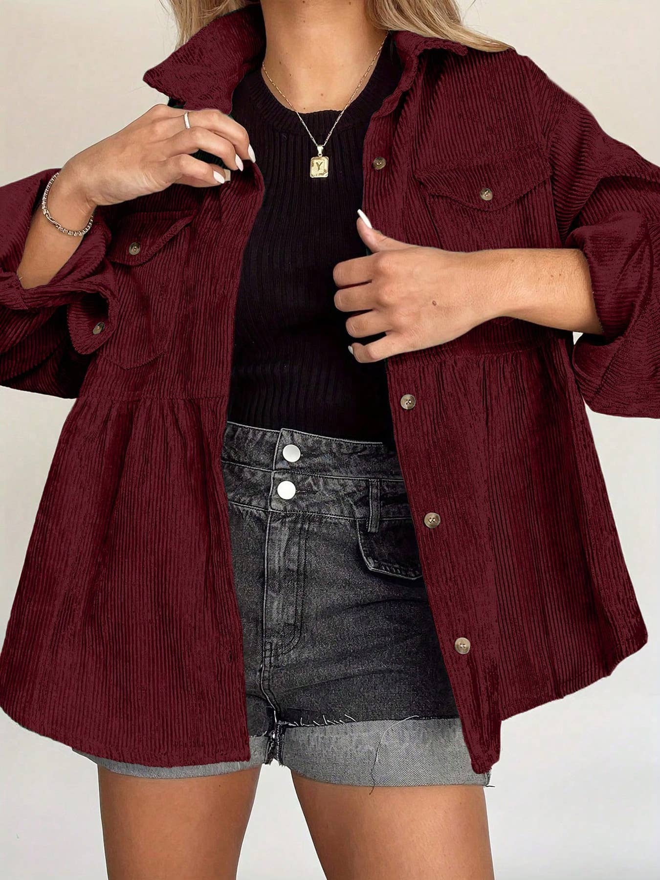 LAPEL SINGLE BREASTED CORDUROY PLEATED COAT