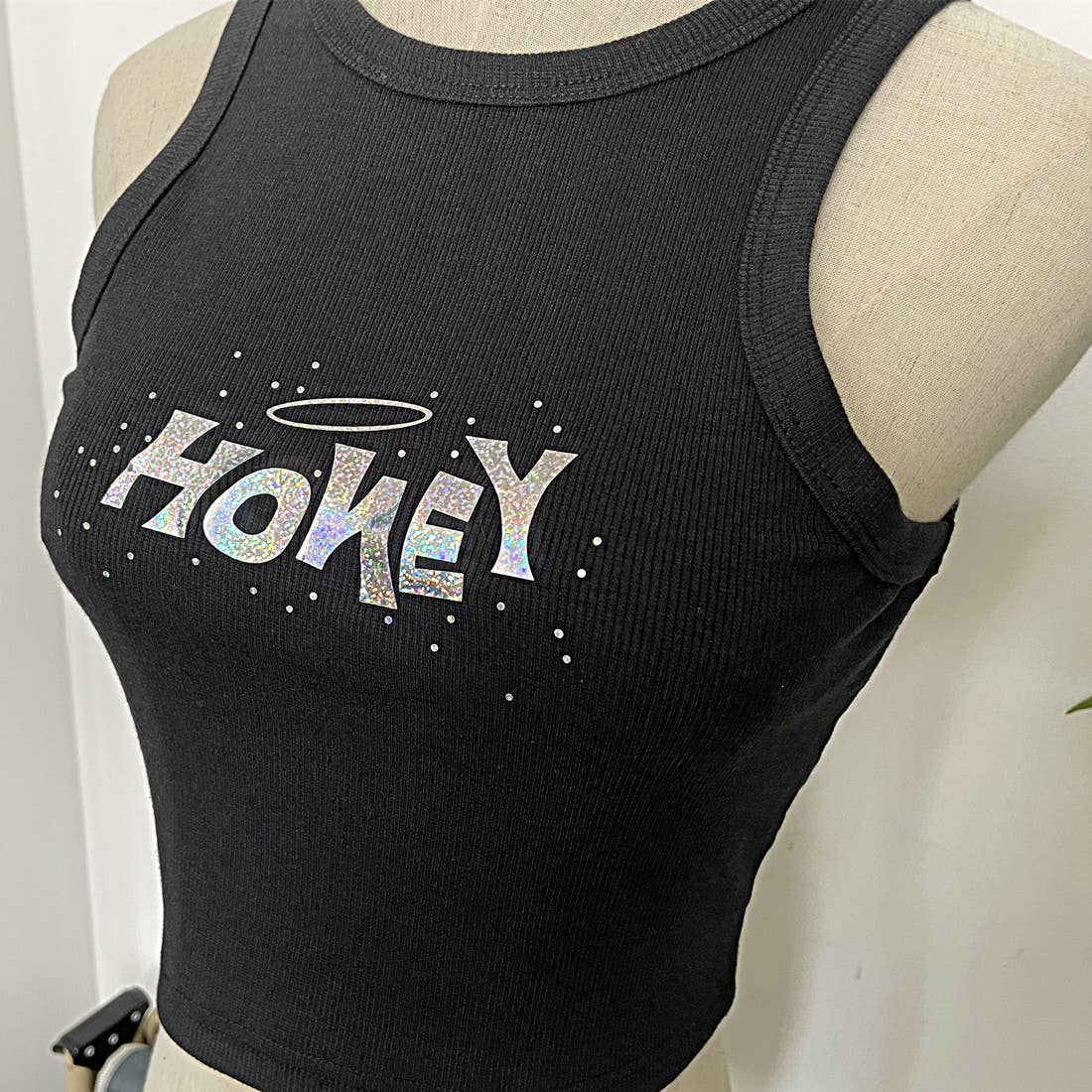 HONEY letter laser glitter crop tank top