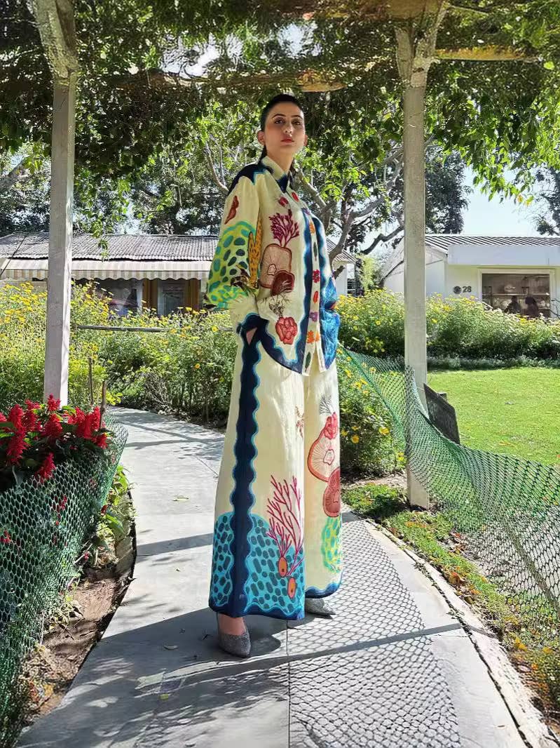 Printed puffed-sleeve casual drawstring suit