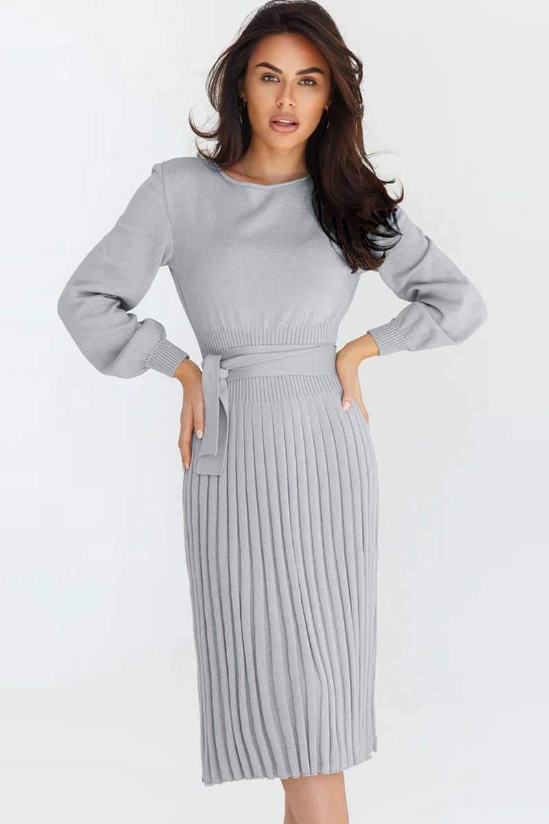 CWDMD4002_ROUND NECK TIE PLEATED MID-LENGTH KNITTED DRESS