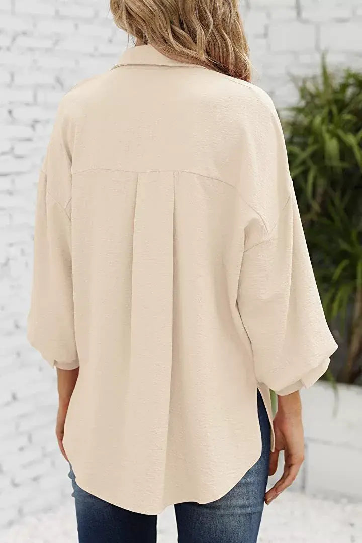 LANTERN SLEEVE BUTTON V-NECK CHIFFON CASUAL SHIRT