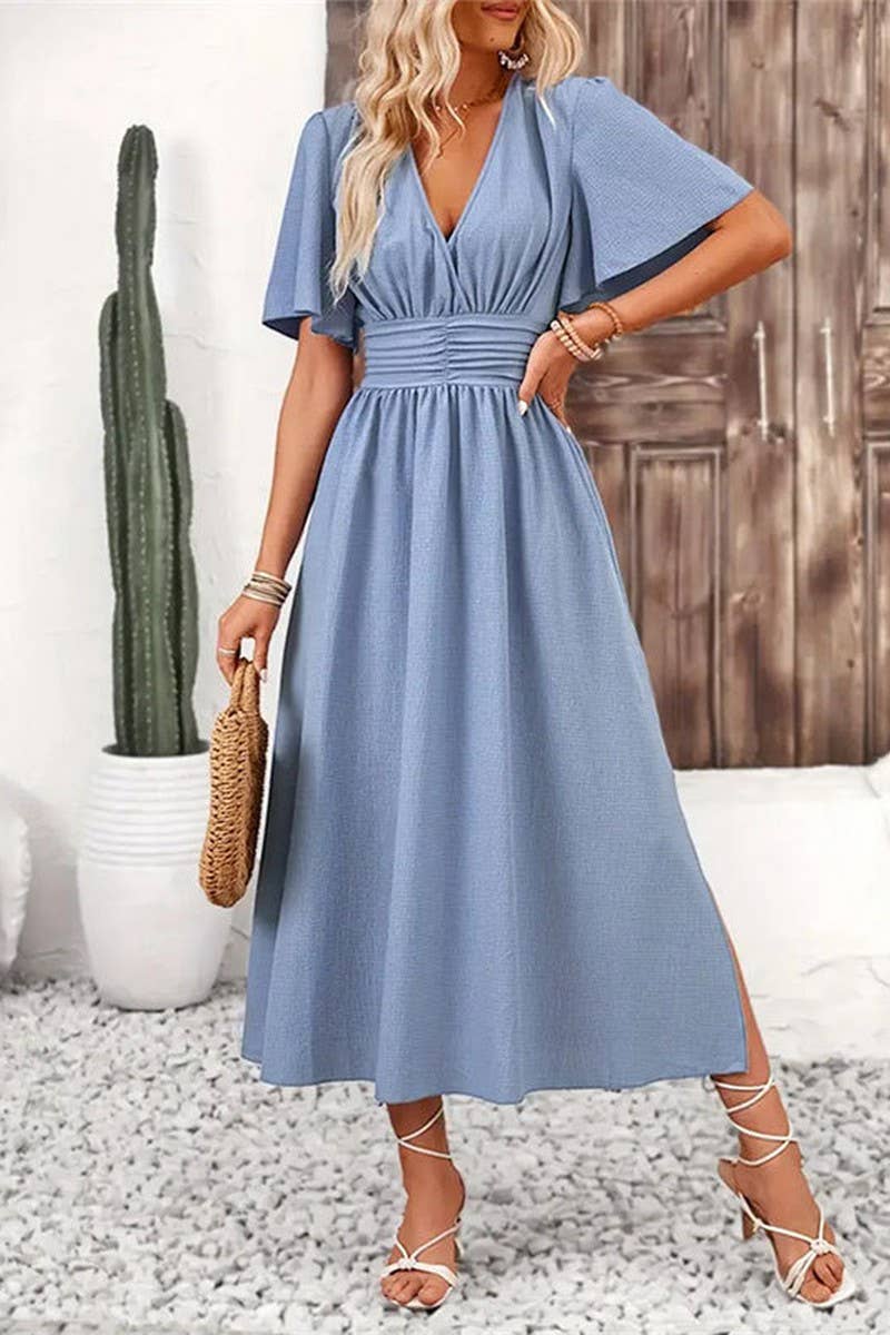 CWDMD4879_LOTUS LEAF SLEEVE SLIT ELASTIC WAIST DRESS