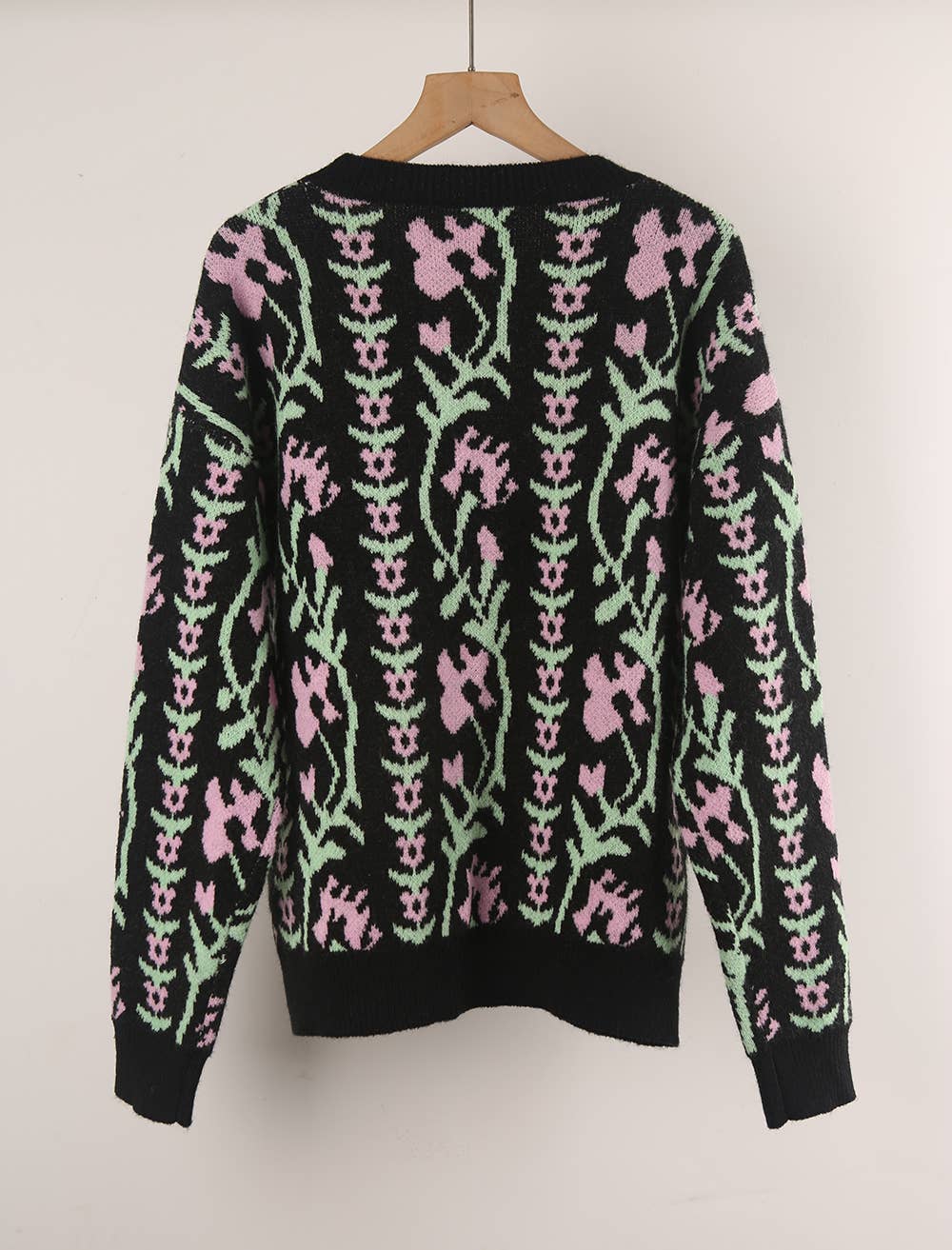 JACQUARD ROUND NECK FLOWER KNIT FASHION SWEATER