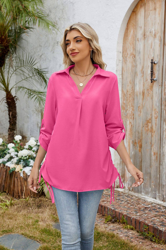 Solid-color loose mid-sleeved chiffon shirt