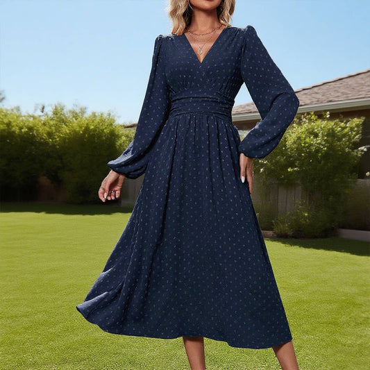 Pom-pom slanted collar sleeve pleated dress