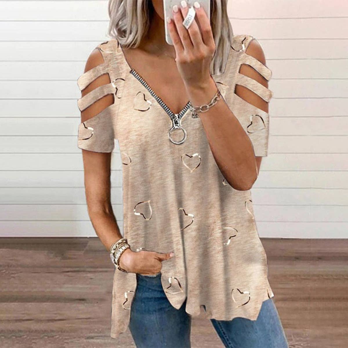 V-NECK ZIP-UP PRINT SHORT-SLEEVED BAGGY BLOUSE