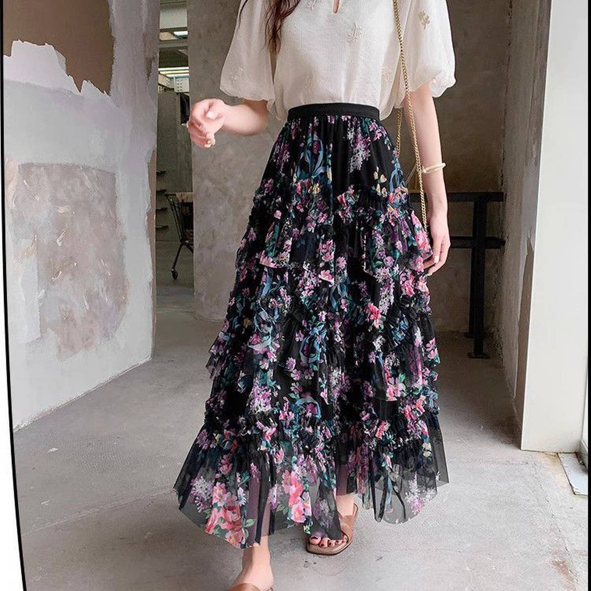COLORFUL FLORAL MESH PRINT PLEATED TULLE SKIRT