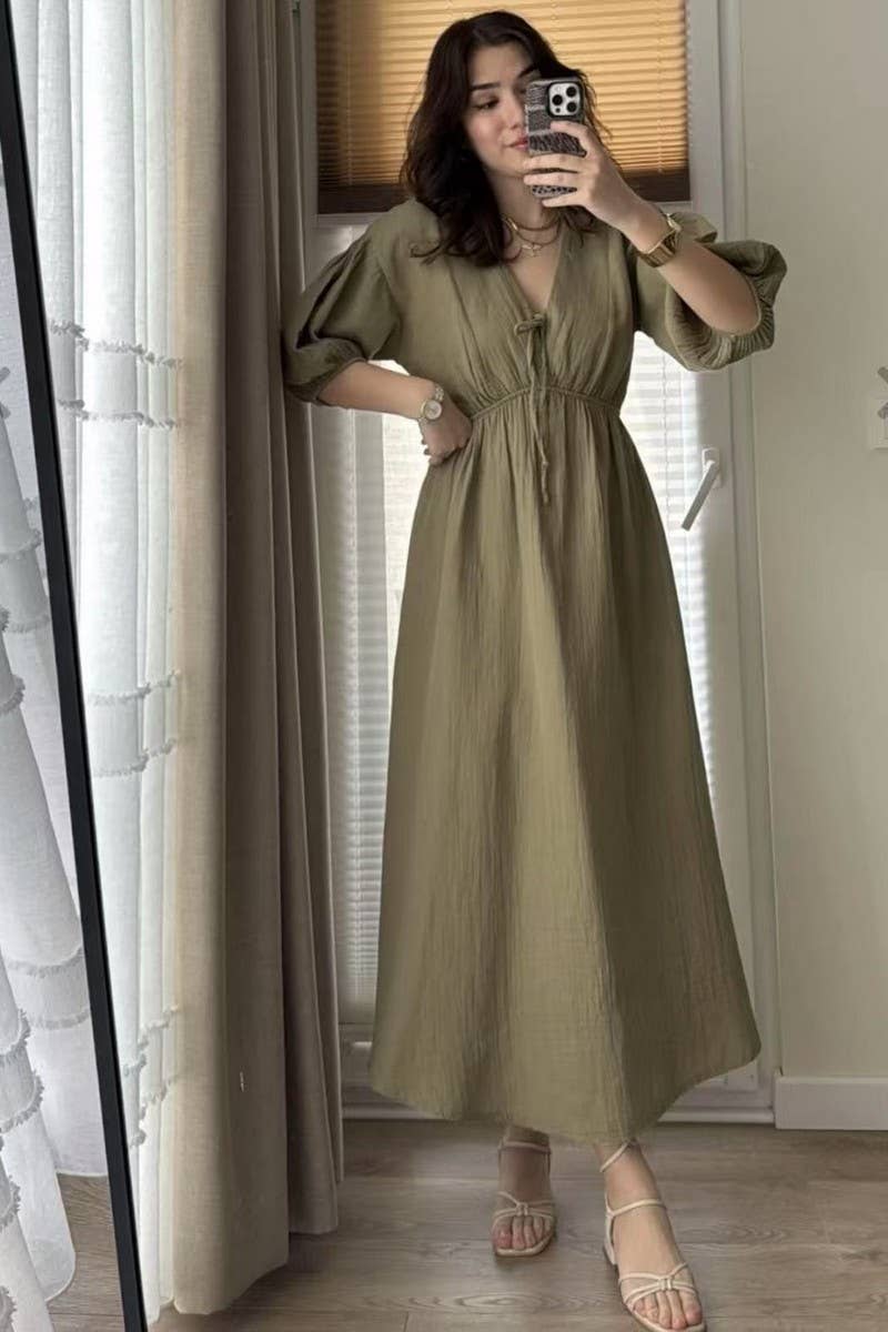 CWDMD5840_V-NECK PUFF SLEEVE SLIM FIT A-LINE DRESS