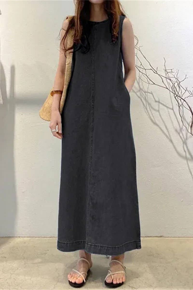CWDMD3155_ROUND NECK SLEEVELESS POCKET DENIM ROBE DRESS