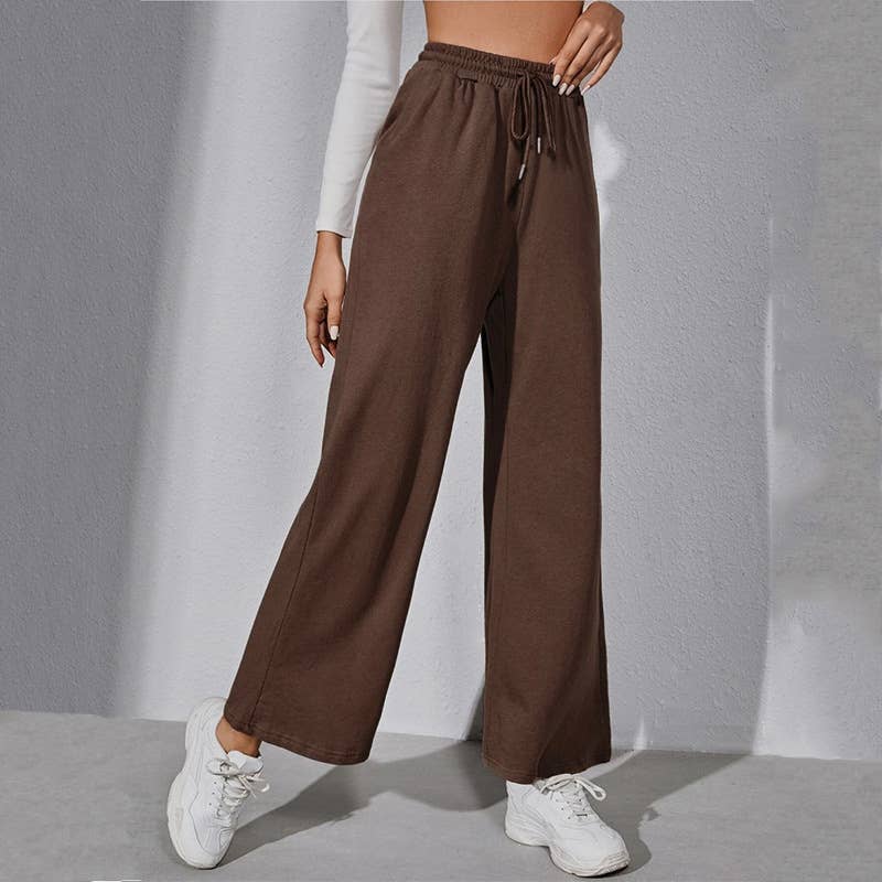 LOOSE CASUAL SOLID COLOR ROPE WIDE LEG PANTS
