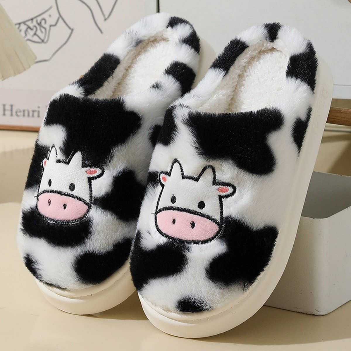 CUTE CARTOON COW STYLE WINTER COTTON SLIPPERS