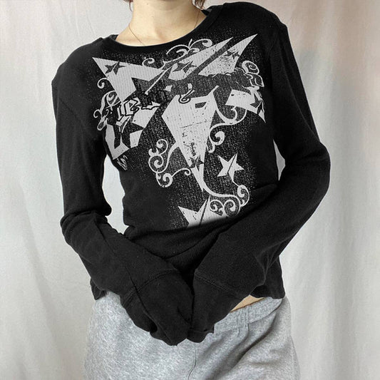 VINTAGE STAR PRINT CREW NECK SOLID COLOR T-SHIRT