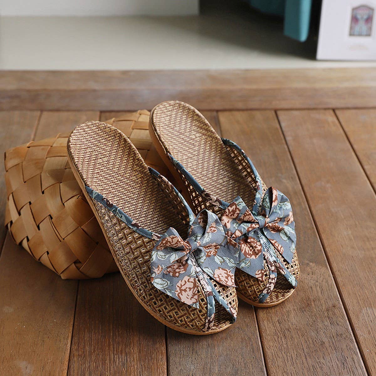 Summer Woven Linen Bow Mules for Home